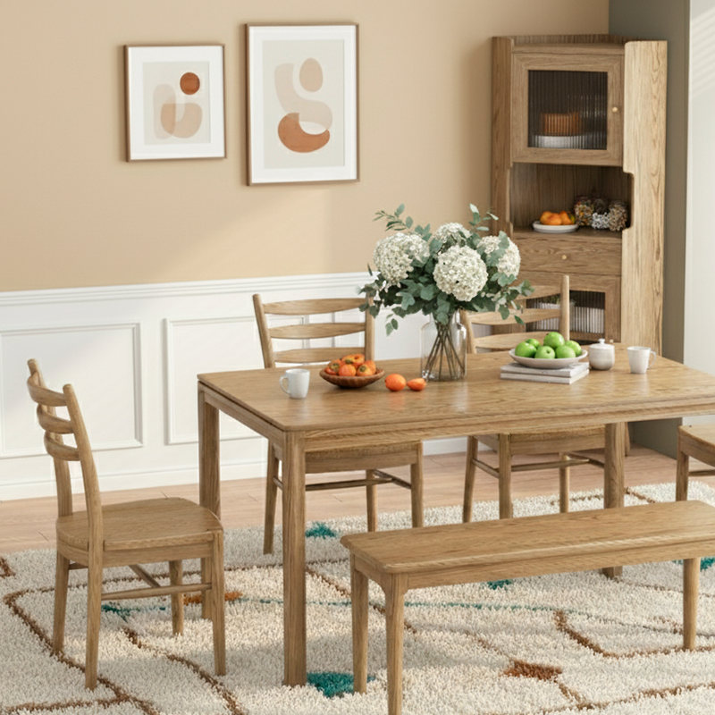 Contemporary Scandinavian North American Ash Wood Dining Table Set - Rectangular Dining Table Ladder Back Chairs For Dining Room & Kitchen