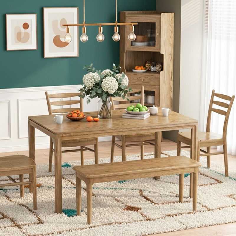 Contemporary Scandinavian North American Ash Wood Dining Table Set - Rectangular Dining Table Ladder Back Chairs For Dining Room & Kitchen
