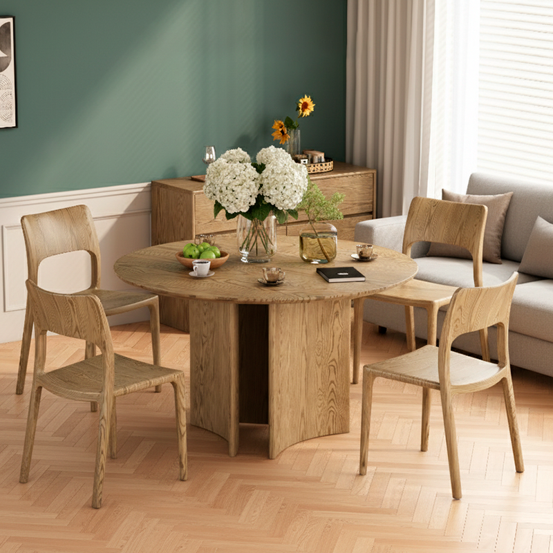Traditional Chinese North American Ash Wood Dining Table Set - Round Dining Table Hollow Design Back Chairs For Dining Room & Kitchen