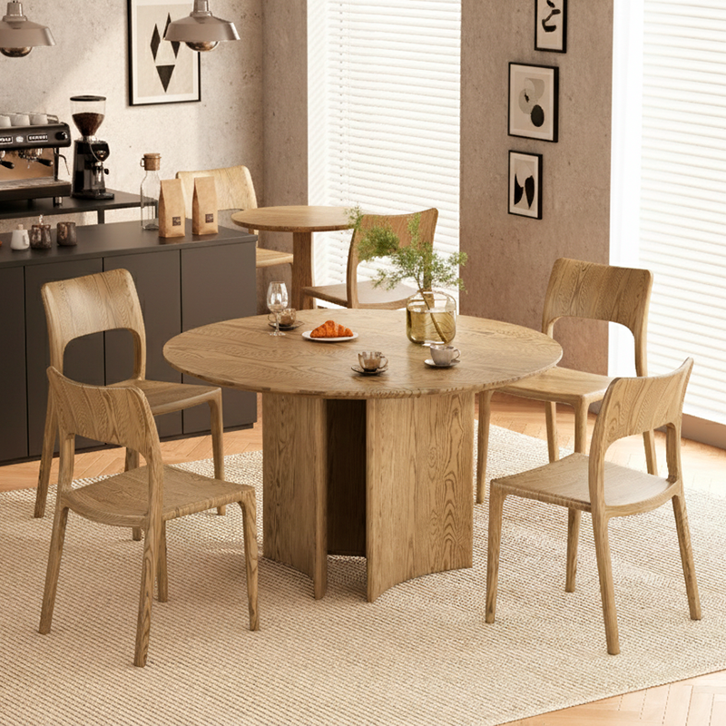Traditional Chinese North American Ash Wood Dining Table Set - Round Dining Table Hollow Design Back Chairs For Dining Room & Kitchen