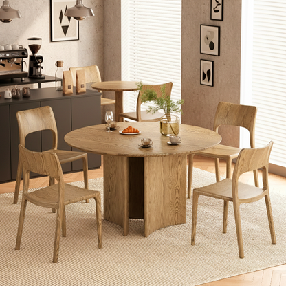 Traditional Chinese North American Ash Wood Dining Table Set - Round Dining Table Hollow Design Back Chairs For Dining Room & Kitchen