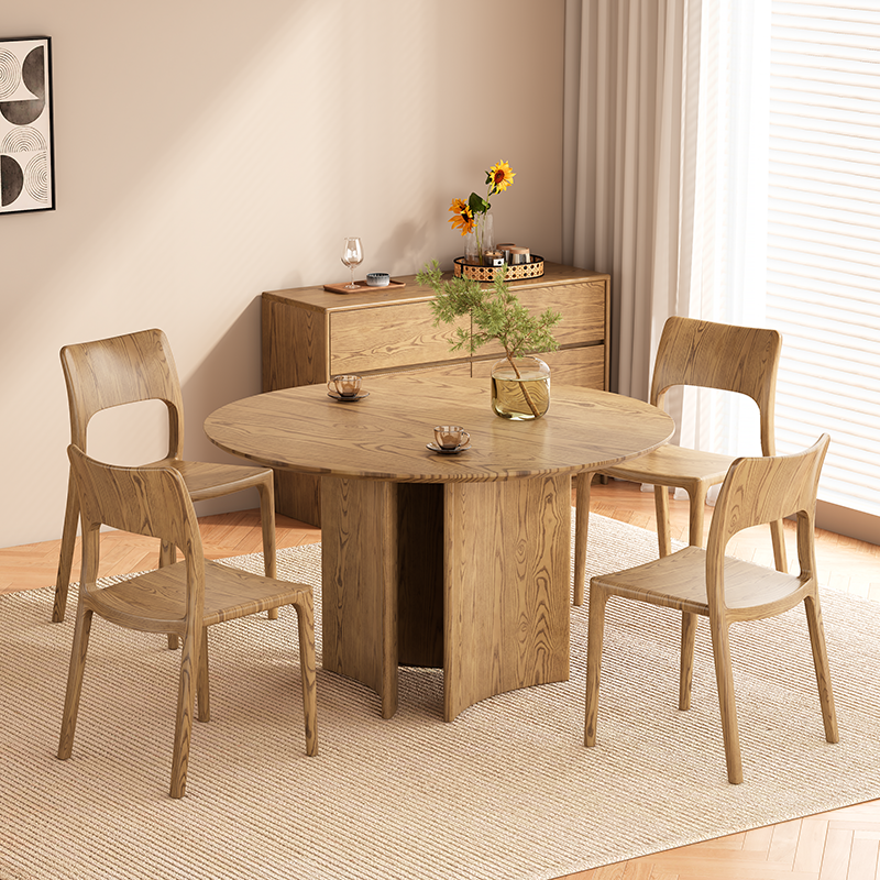 Traditional Chinese North American Ash Wood Dining Table Set - Round Dining Table Hollow Design Back Chairs For Dining Room & Kitchen