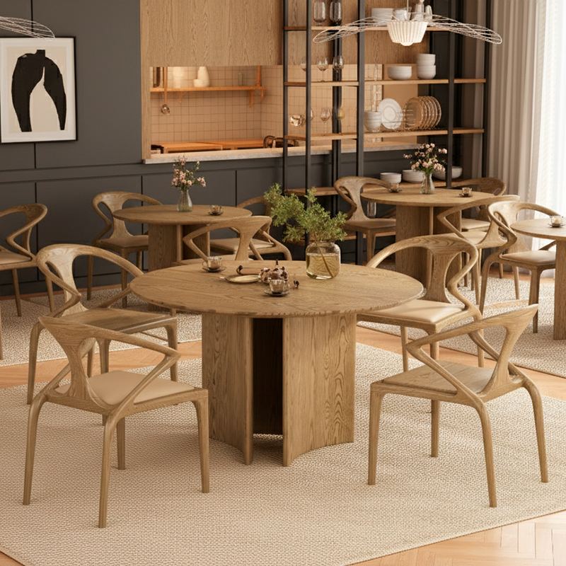 Contemporary Scandinavian North American Ash Wood Dining Table Set - Round Dining Table Curved Back Chairs For Dining Room