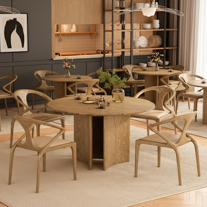 Contemporary Scandinavian North American Ash Wood Dining Table Set - Round Dining Table Curved Back Chairs For Dining Room