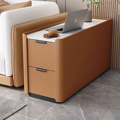 Modern Minimalist Rectangular Multi-Layer Plywood Stone Slab Microfiber Leather Side Table 2-Drawer For Living Room