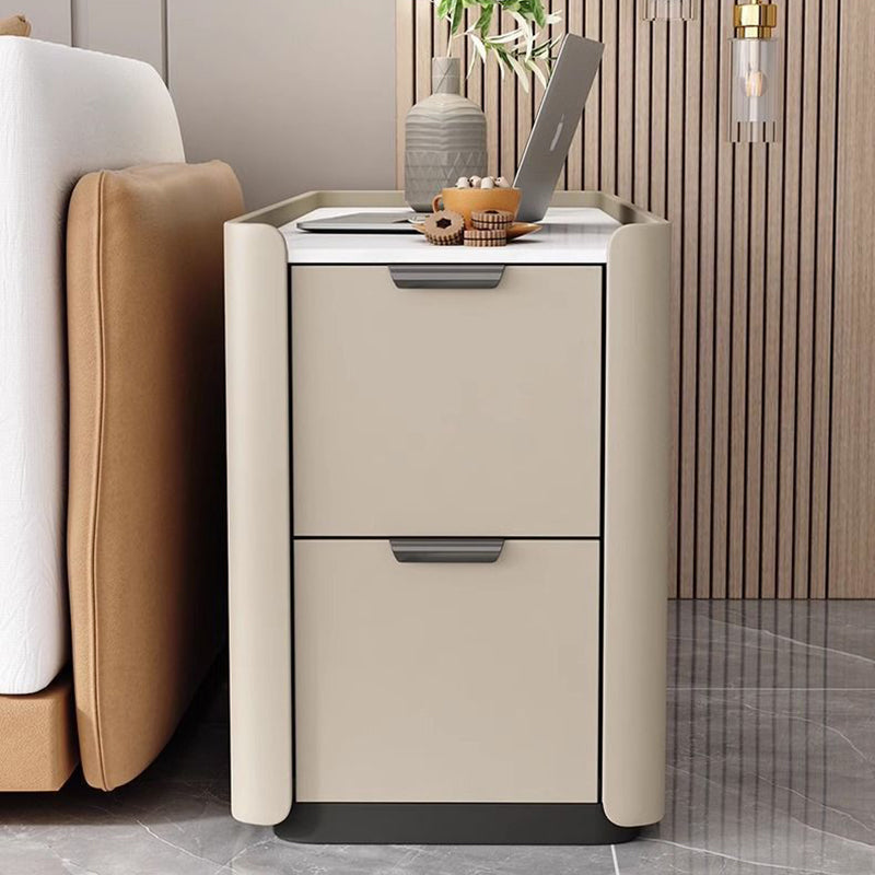 Modern Minimalist Rectangular Multi-Layer Plywood Stone Slab Microfiber Leather Side Table 2-Drawer For Living Room