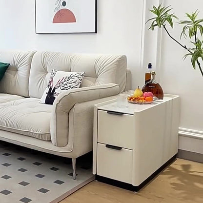 Modern Minimalist Rectangular Multi-Layer Plywood Stone Slab Microfiber Leather Side Table 2-Drawer For Living Room