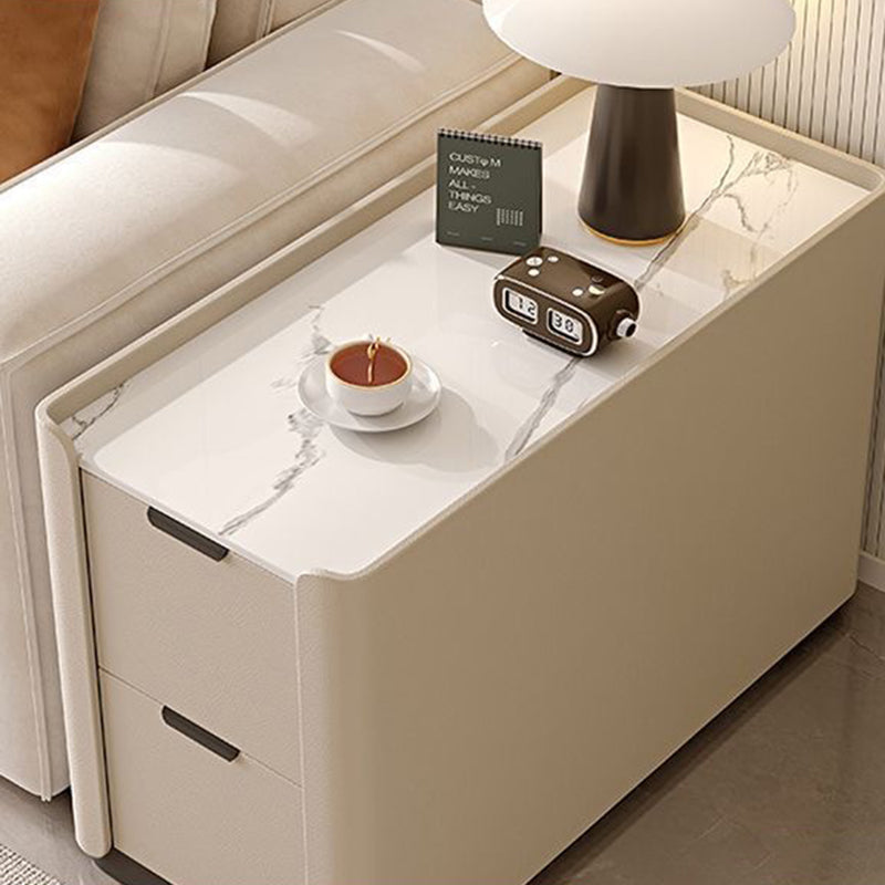 Modern Minimalist Rectangular Multi-Layer Plywood Stone Slab Microfiber Leather Side Table 2-Drawer For Living Room