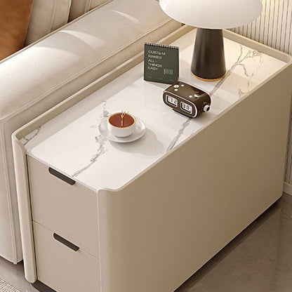 Modern Minimalist Rectangular Multi-Layer Plywood Stone Slab Microfiber Leather Side Table 2-Drawer For Living Room