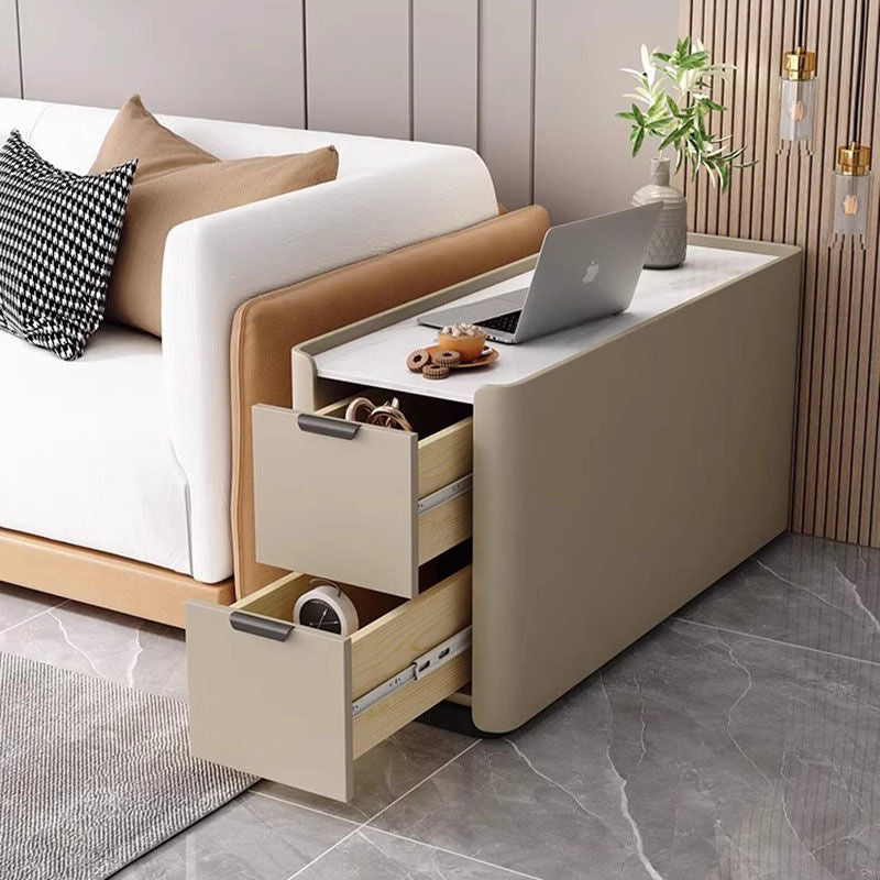 Modern Minimalist Rectangular Multi-Layer Plywood Stone Slab Microfiber Leather Side Table 2-Drawer For Living Room