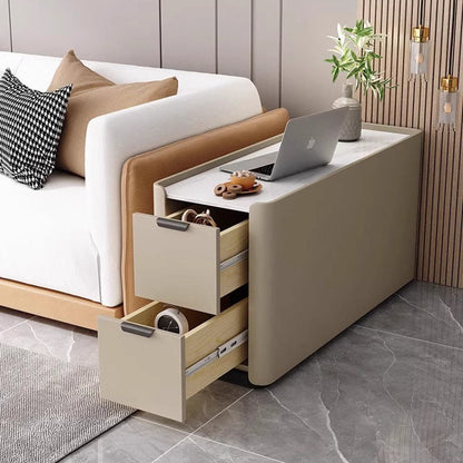 Modern Minimalist Rectangular Multi-Layer Plywood Stone Slab Microfiber Leather Side Table 2-Drawer For Living Room