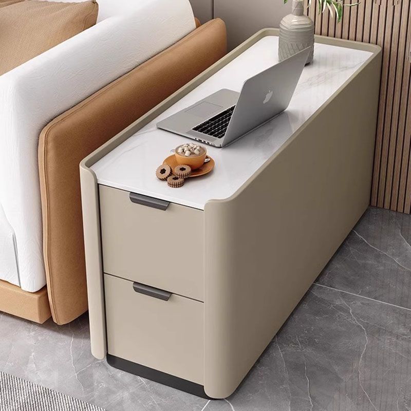 Modern Minimalist Rectangular Multi-Layer Plywood Stone Slab Microfiber Leather Side Table 2-Drawer For Living Room