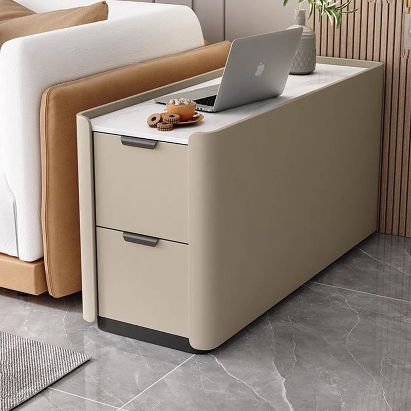 Modern Minimalist Rectangular Multi-Layer Plywood Stone Slab Microfiber Leather Side Table 2-Drawer For Living Room