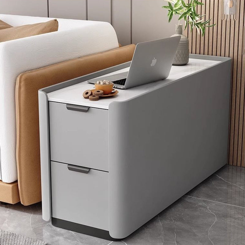 Modern Minimalist Rectangular Multi-Layer Plywood Stone Slab Microfiber Leather Side Table 2-Drawer For Living Room
