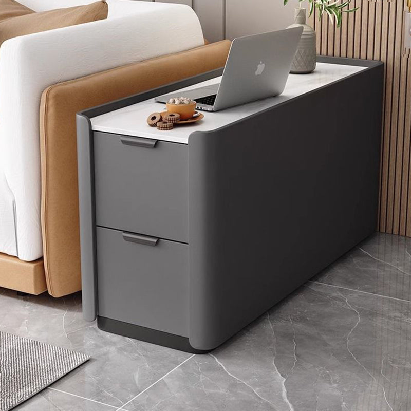 Modern Minimalist Rectangular Multi-Layer Plywood Stone Slab Microfiber Leather Side Table 2-Drawer For Living Room