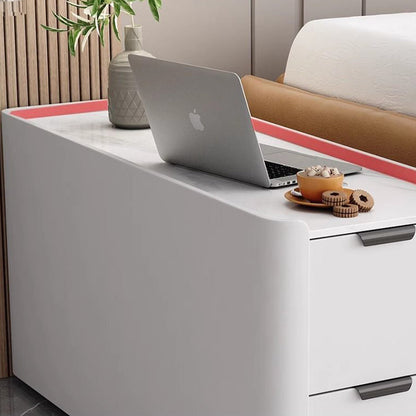 Modern Minimalist Rectangular Multi-Layer Plywood Stone Slab Microfiber Leather Side Table 2-Drawer For Living Room