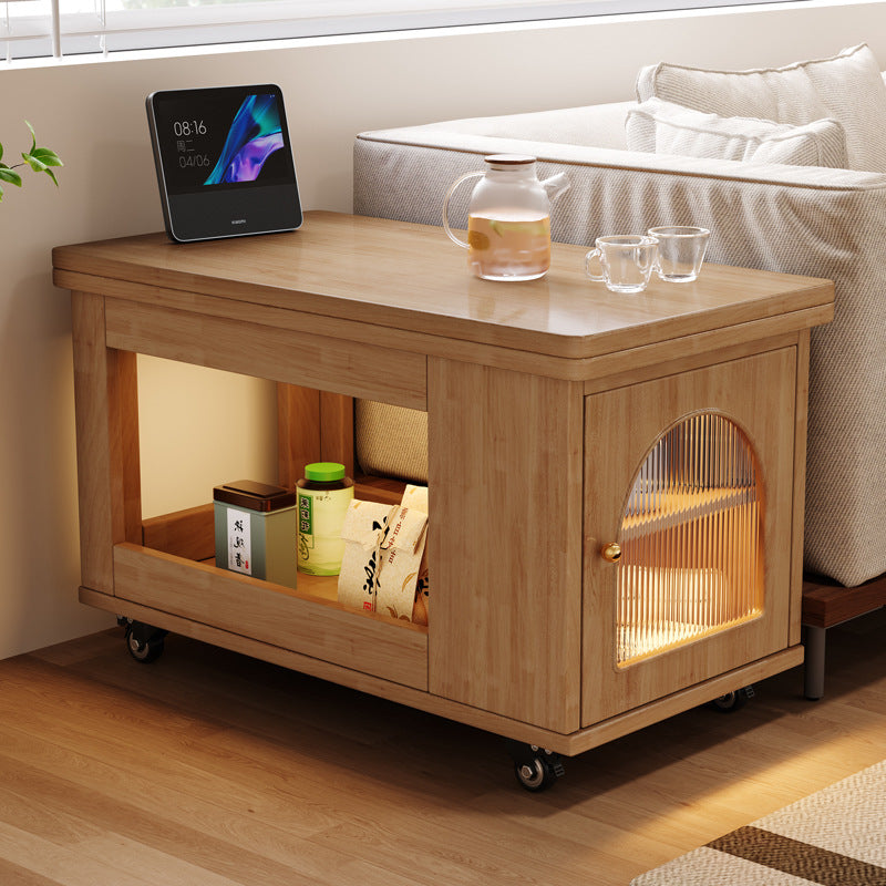 Contemporary Creative Rectangular Cart-Style Solid Wood Glass Coffee Table 2-Tier For Living Room