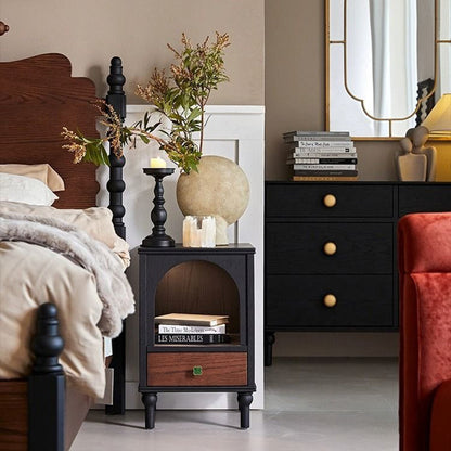 Traditional French Rectangular Arch-Top North American Red Oak Multi-Layer Plywood Nightstand 1-Drawer For Bedroom