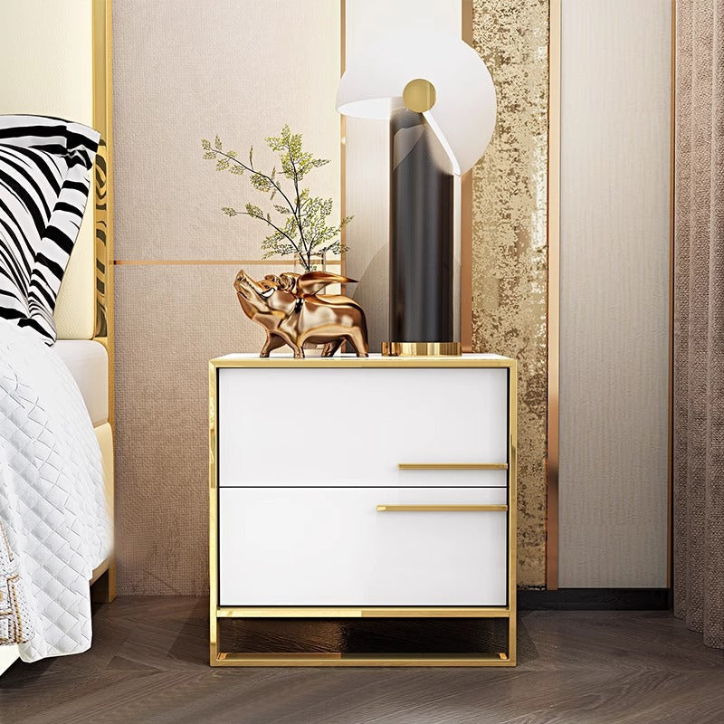 Contemporary Luxury Rectangular Stainless Steel Pine Wood Nightstand 2-Drawer For Bedroom