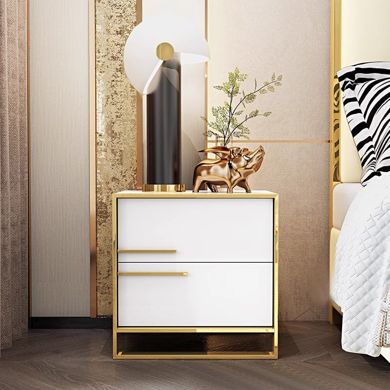 Contemporary Luxury Rectangular Stainless Steel Pine Wood Nightstand 2-Drawer For Bedroom