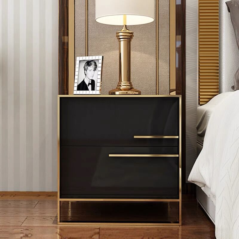 Contemporary Luxury Rectangular Stainless Steel Pine Wood Nightstand 2-Drawer For Bedroom