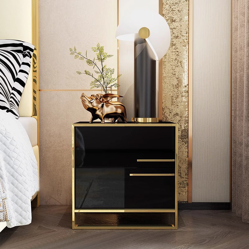Contemporary Luxury Rectangular Stainless Steel Pine Wood Nightstand 2-Drawer For Bedroom
