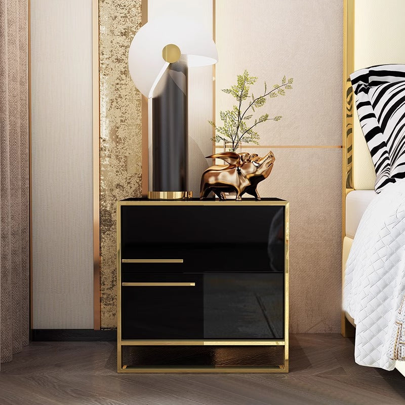 Contemporary Luxury Rectangular Stainless Steel Pine Wood Nightstand 2-Drawer For Bedroom