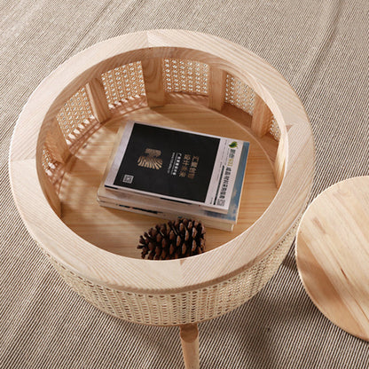 Contemporary Boho Cylindrical Rattan Ash Wood Side Table 1-Storage For Living Room