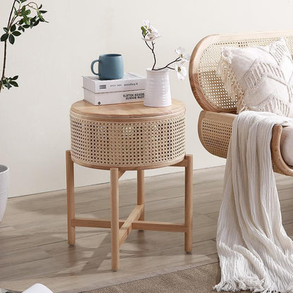 Contemporary Boho Cylindrical Rattan Ash Wood Side Table 1-Storage For Living Room