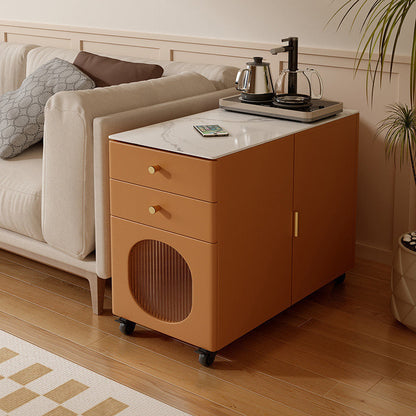 Modern Minimalist Rectangular Multi-Layer Plywood Stone Slab Pine Wood Cat's Paw Leather Side Table 2-Drawer For Living Room