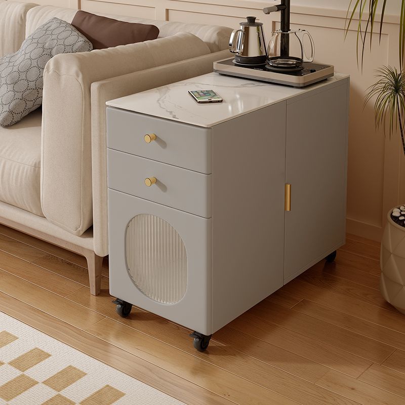 Modern Minimalist Rectangular Multi-Layer Plywood Stone Slab Pine Wood Cat's Paw Leather Side Table 2-Drawer For Living Room