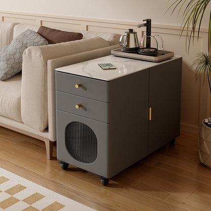 Modern Minimalist Rectangular Multi-Layer Plywood Stone Slab Pine Wood Cat's Paw Leather Side Table 2-Drawer For Living Room