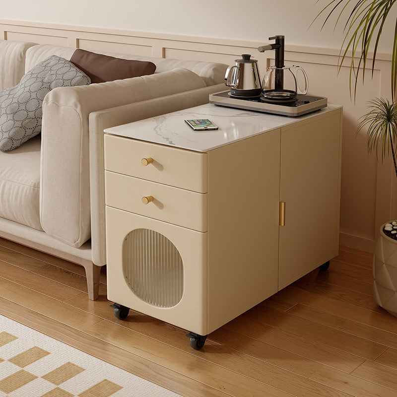 Modern Minimalist Rectangular Multi-Layer Plywood Stone Slab Pine Wood Cat's Paw Leather Side Table 2-Drawer For Living Room
