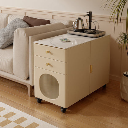 Modern Minimalist Rectangular Multi-Layer Plywood Stone Slab Pine Wood Cat's Paw Leather Side Table 2-Drawer For Living Room
