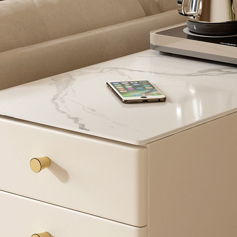 Modern Minimalist Rectangular Multi-Layer Plywood Stone Slab Pine Wood Cat's Paw Leather Side Table 2-Drawer For Living Room