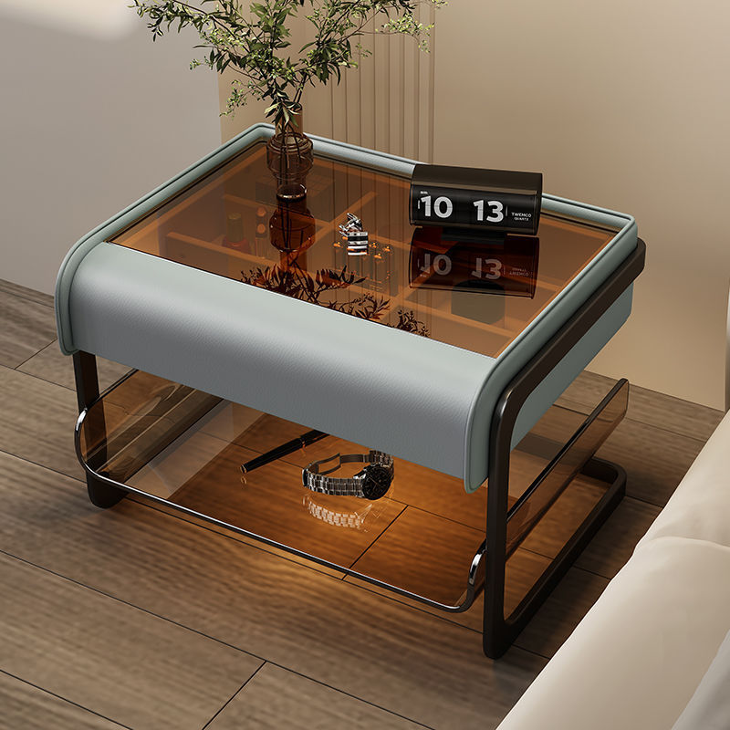Modern Minimalist Rectangular Faux Leather Acrylic Nightstand 2-Tier For Bedroom