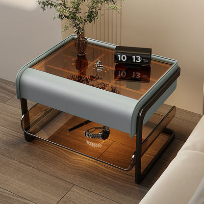 Modern Minimalist Rectangular Faux Leather Acrylic Nightstand 2-Tier For Bedroom