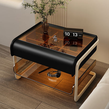 Modern Minimalist Rectangular Faux Leather Acrylic Nightstand 2-Tier For Bedroom