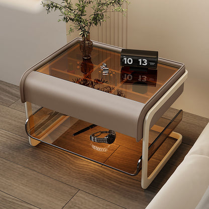 Modern Minimalist Rectangular Faux Leather Acrylic Nightstand 2-Tier For Bedroom