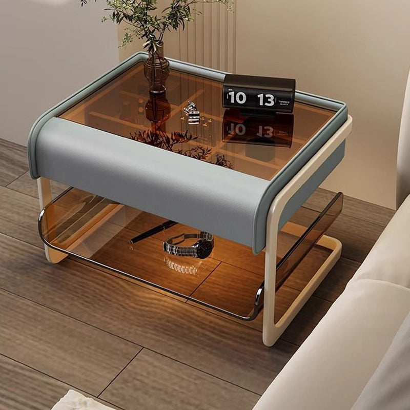 Modern Minimalist Rectangular Faux Leather Acrylic Nightstand 2-Tier For Bedroom