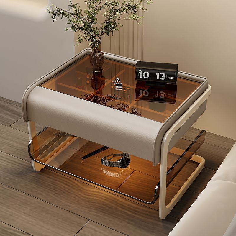 Modern Minimalist Rectangular Faux Leather Acrylic Nightstand 2-Tier For Bedroom