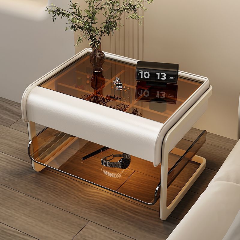 Modern Minimalist Rectangular Faux Leather Acrylic Nightstand 2-Tier For Bedroom