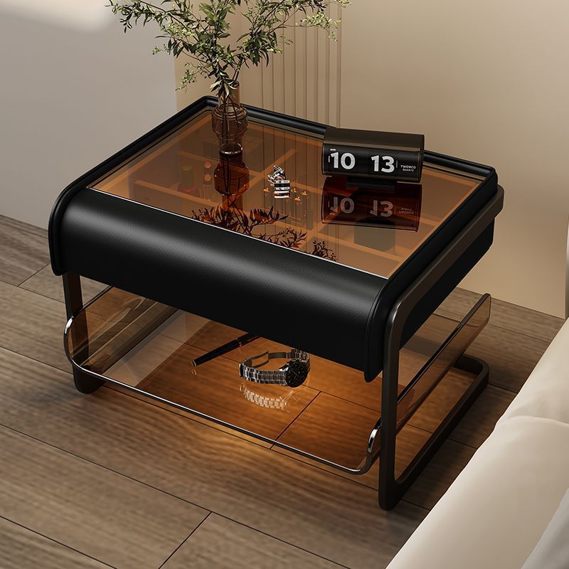 Modern Minimalist Rectangular Faux Leather Acrylic Nightstand 2-Tier For Bedroom