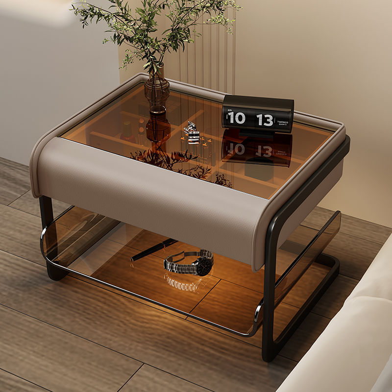Modern Minimalist Rectangular Faux Leather Acrylic Nightstand 2-Tier For Bedroom