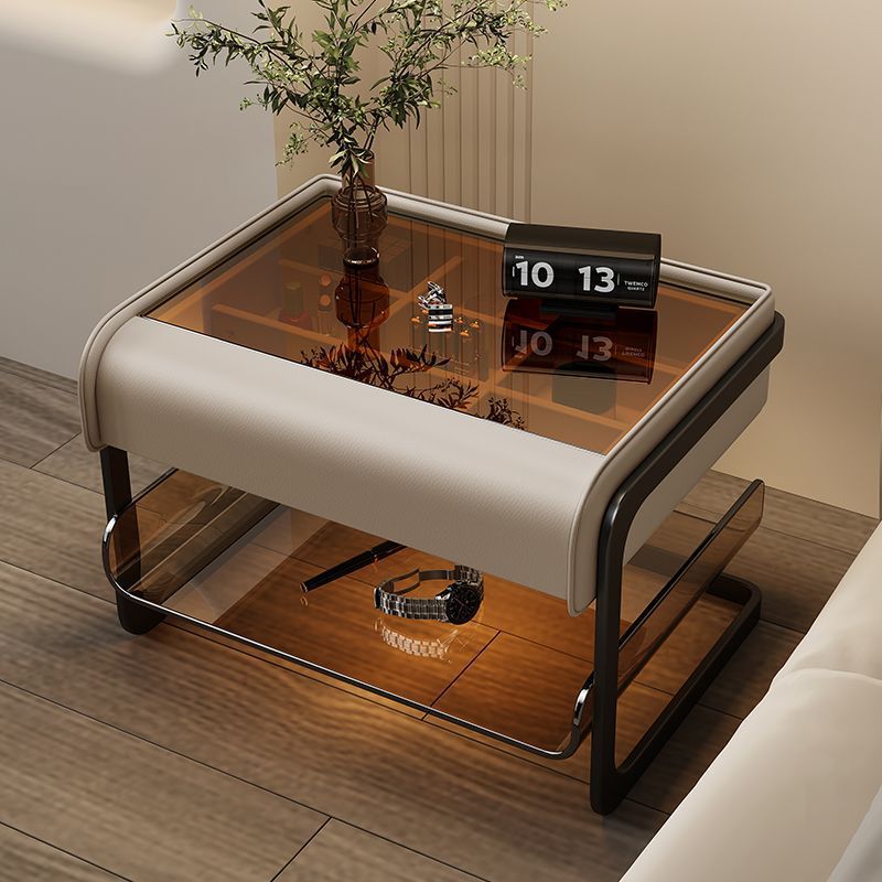 Modern Minimalist Rectangular Faux Leather Acrylic Nightstand 2-Tier For Bedroom