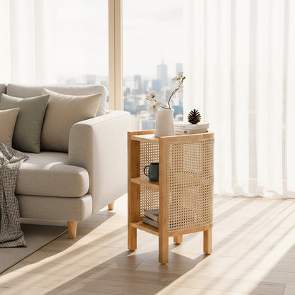 Contemporary Boho Half-Circle Shape Rattan Solid Wood Side Table 3-Tier For Living Room