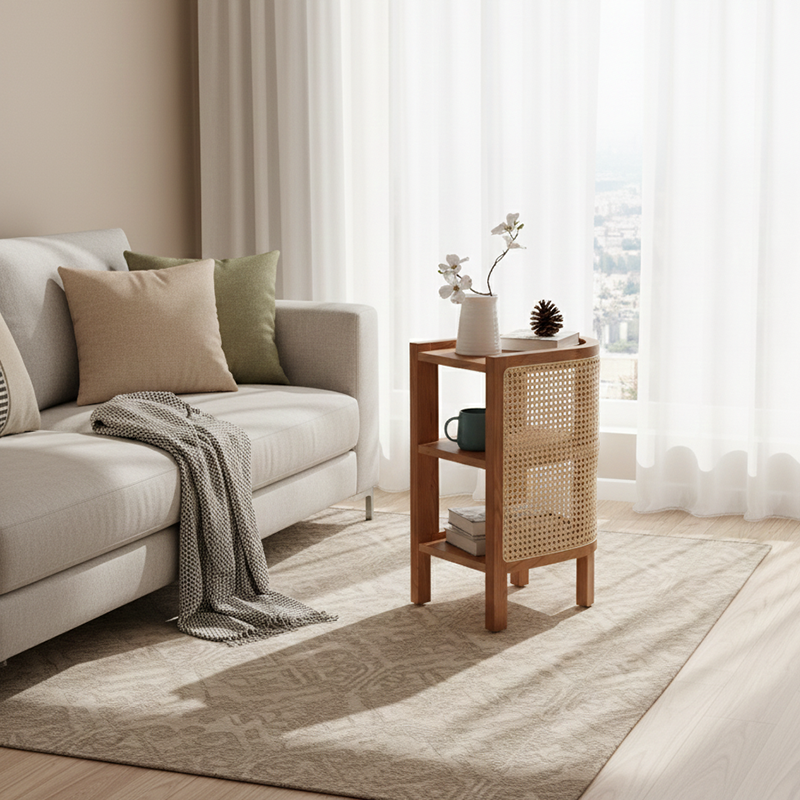 Contemporary Boho Half-Circle Shape Rattan Solid Wood Side Table 3-Tier For Living Room