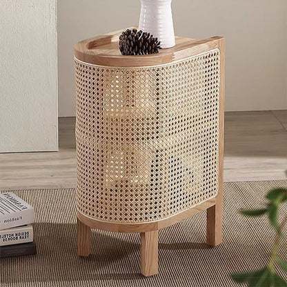 Contemporary Boho Half-Circle Shape Rattan Solid Wood Side Table 3-Tier For Living Room