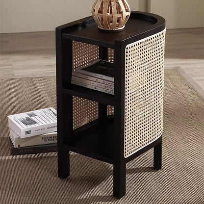 Contemporary Boho Half-Circle Shape Rattan Solid Wood Side Table 3-Tier For Living Room