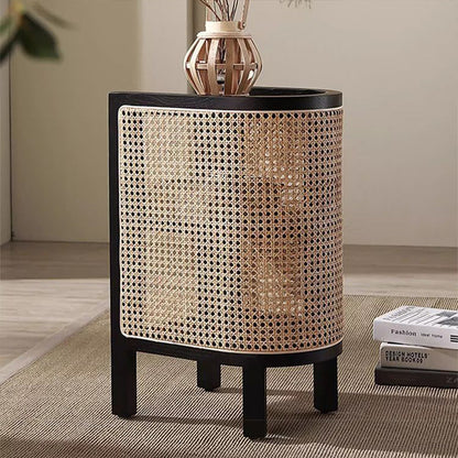 Contemporary Boho Half-Circle Shape Rattan Solid Wood Side Table 3-Tier For Living Room